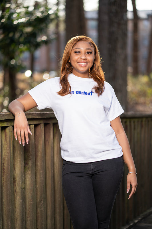 "im-perfect" Logo Tee – White & Royal Blue