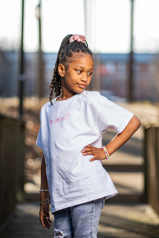 KIDS "im-perfect" Logo Tee – White & Pink